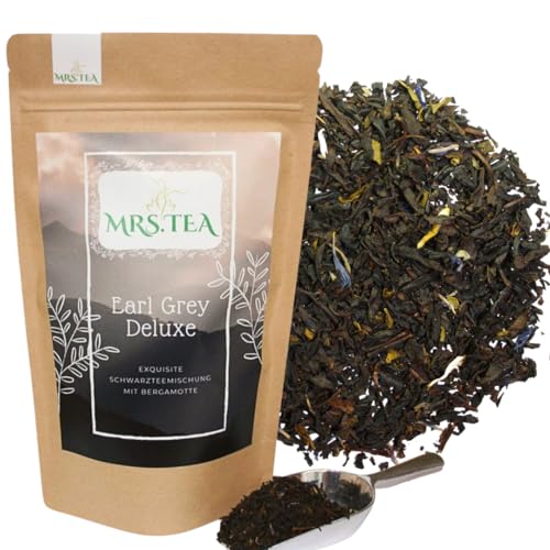 Mrs. Tea Earl Grey Deluxe 80 g | Schwarzer Tee | Schwarzteemischung mit Bergamotte | Assam und Darjeeling | Klassischer englischer Tee | Frühstückstee Klassiker mit Kornblumenblüten von Mrs. Tea