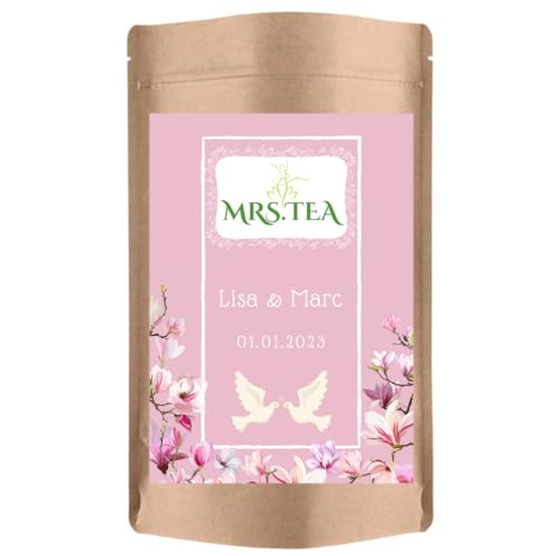 Personalosierter loser Tee | Geschenk Hochzeit Verlobung | Gastgeschenk | Mitgebsel | Mrs. Tea China Jasmin 100g 25 Stück (Blüten und Tauben (rosa)) von Mrs. Tea