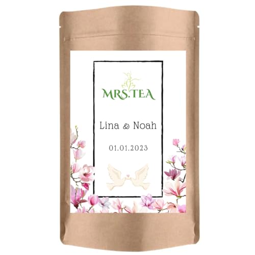 Personalosierter loser Tee | Geschenk Hochzeit Verlobung | Gastgeschenk | Mitgebsel | Mrs. Tea China Jasmin 100g 25 Stück (Blüten und Tauben (weiß)) von Mrs. Tea