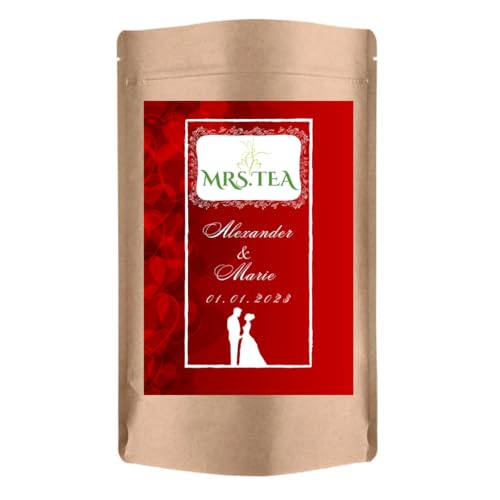 Personalosierter loser Tee | Geschenk Hochzeit Verlobung | Gastgeschenk | Mitgebsel | Mrs. Tea China Jasmin 100g 25 Stück (Rote Herzen) von Mrs. Tea