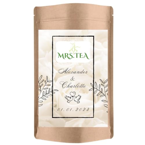 Personalosierter loser Tee | Geschenk Hochzeit Verlobung | Gastgeschenk | Mitgebsel | Mrs. Tea China Jasmin 100g 25 Stück (Weiße Rosen) von Mrs. Tea