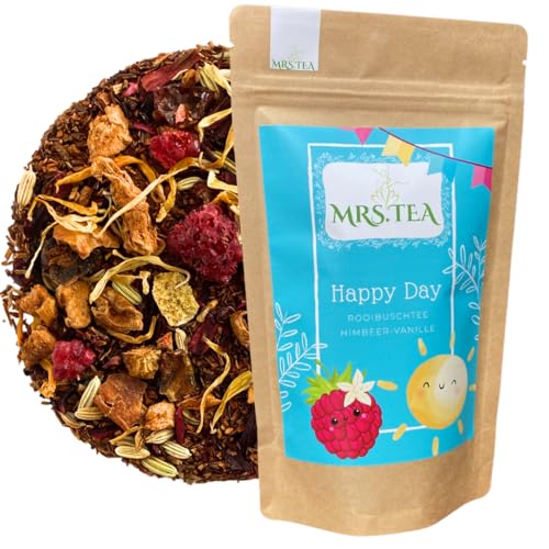 Happy Day | Rooibostee-Mischung mit Himbeere und Vanille von Mrs. Tea, 100g | Roibostee- Rotbuschtee | Fruchtig süß und mild | Koffeinfrei | Für Kinder geeignet von Mrs. Tea