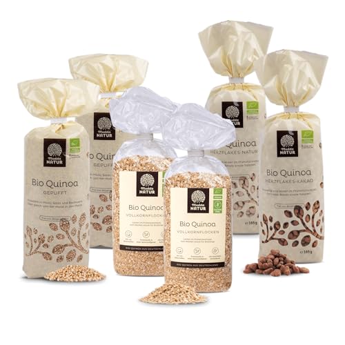 Mudda Natur Bio Quinoa Frühstückspaket | 2 x Quinoa Vollkornflocken, 2 x Quinoa gepufft, je 1 x Quinoa Herzflakes natur & Kakao | Perfekt für Müsli, Porridge & Co | (6 Produkte Vorteilspaket) von Mudda Natur
