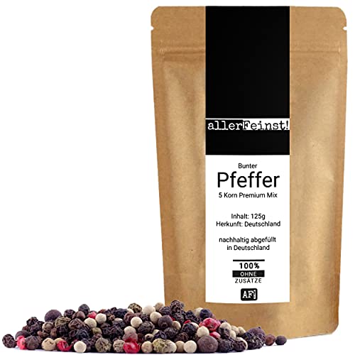 allerFeinst! - Bunter Pfeffer ganz - Premium 5 Pfefferkorn Mix für Pfeffermühle, 1er Pack (1 x 125g) von MüMa´s