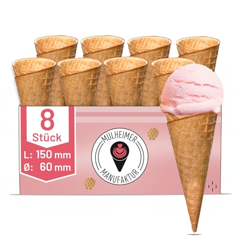 Mülheimer Manufaktur Eiswaffeln - Süße Eiswaffel Big Fun - Dänisch groß Karo mit Rand - 150mm lang - 60mm Durchmesser - Knuspriges Hörnchen für 3 Kugeln Eis (24 Stück) von Muelheimer Manufaktur Eiswaffeln GmbH