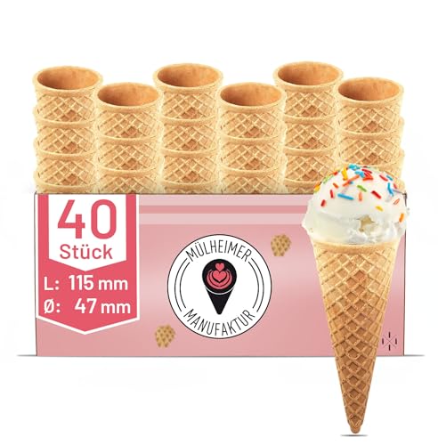 Mülheimer Manufaktur Eiswaffeln - Halbsüße Eiswaffeln | 40 Stück | 115xØ47mm | Knuspriges Waffelhörnchen für 1-2 Kugeln Eis oder Softeis - Vegane Rezeptur von Mülheimer Manufaktur