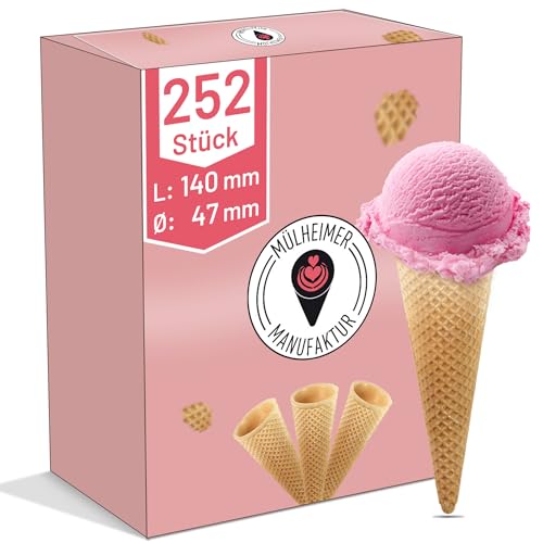 MyNaschbar Halbsüße Eiswaffeln VEGAN 252 Stück – Knusprige Waffelhörnchen mit Rand, 140 mm lang, Ø 47 mm – Essbare Eistüten perfekt für 1-2 Kugeln Eis oder Softeis – Presswaffeln in Eisdielen-Qualität von Mülheimer Manufaktur
