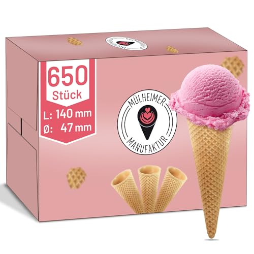 MyNaschbar Halbsüße Eiswaffeln VEGAN 650 Stück – Knusprige Waffelhörnchen mit Rand, 140 mm lang, Ø 47 mm – Essbare Eistüten perfekt für 1-2 Kugeln Eis oder Softeis – Presswaffeln in Eisdielen-Qualität von Mülheimer Manufaktur