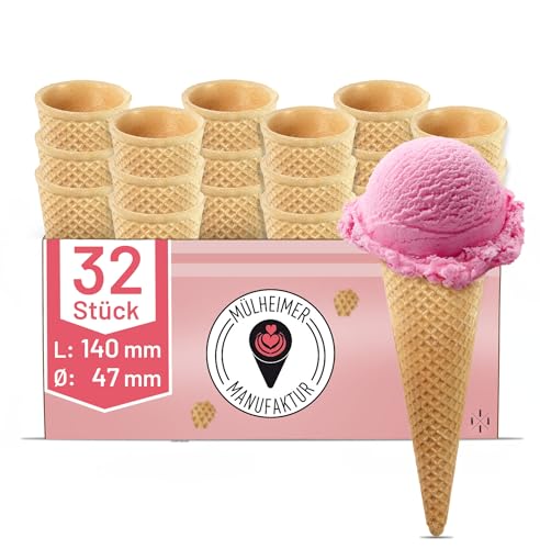 Halbsüße Eiswaffeln - Presswaffel Tüten - groß mit Rand - 140mm lang - 47mm Durchmesser - Knuspriges Waffelhörnchen für 1-2 Kugeln Eis oder Softeis - Inhalt: 32 Stück von Mülheimer Manufaktur Eiswaffeln