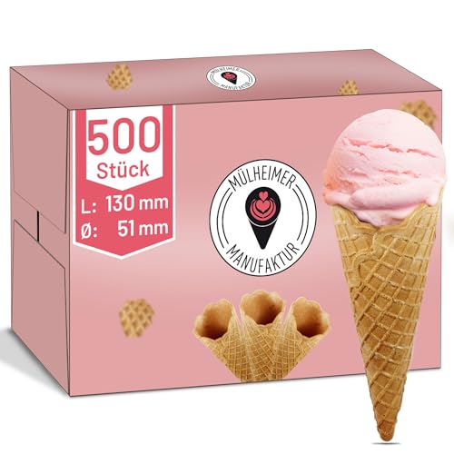 MyNaschbar Halbsüße Knusperwaffel La Ola 500 Stück, 130 mm lang, Ø 51 mm, VEGAN – Waffelhörnchen mit Wellenrand, Essbare Eistüten für 1-2 Kugeln Eis – Eiswaffeln Hörnchen in Eisdielen-Qualität von Mülheimer Manufaktur
