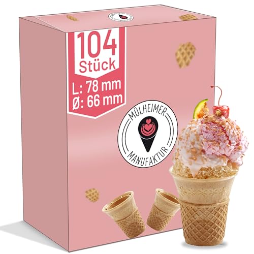 Halbsüße Softeisbecher - 104 Stück - Waffelbecher - groß mit Doppelrand - 70xØ66mm - für Softeis - Eis - oder als Backform für Muffin & Cupcakes von Muelheimer Manufaktur Eiswaffeln