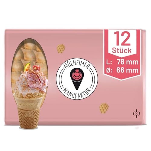 Halbsüße Softeisbecher - Waffelbecher - groß mit Doppelrand - 78mm lang - 66mm Durchmesser - für Softeis - Eis - oder als Backform für Muffin & Cupcakes - Inhalt: 12 Stück von Mülheimer Manufaktur Eiswaffeln