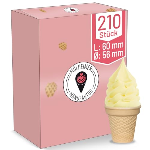 Halbsüße Softeisbecher - Waffelbecher - klein mit Doppelrand - 60mm lang - 56mm Durchmesser - für Softeis - Eis - oder als Backform für Muffin & Cupcakes - Inhalt: 210 Stück von Mülheimer Manufaktur Eiswaffeln