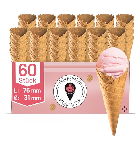 Mini Eiswaffel - Süße Eiswaffel Mini Cono - Dänisch ohne Rand - 76mm lang - 31mm Durchmesser - Knuspriges Hörnchen für Fingerfood oder Eisbecher Dekoration - (60 Stück) von Mülheimer Manufaktur Eiswaffeln