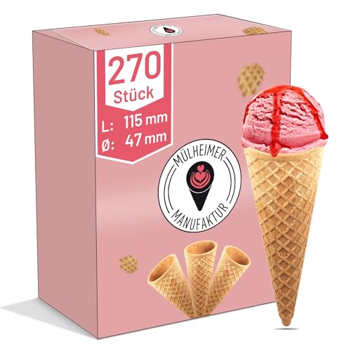 MyNaschbar Halbsüße Eiswaffel 270 Stück, 115 mm lang, Ø 47 mm, VEGAN – Waffelhörnchen mit Rand, – Essbare Eistüten perfekt für 1-2 Kugeln Eis oder Softeis – Eiswaffeln Hörnchen in Eisdielen-Qualität von Mülheimer Manufaktur