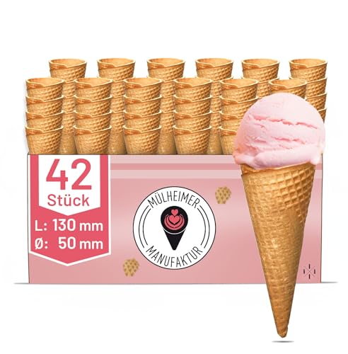 Mülheimer Manufaktur Eiswaffeln - Süße Eiswaffel Hörnchen - 130xØ50mm - 42 Stück - für 1-2 Kugeln Eis - Knusprige Eiswaffeln in bester Eisdielen Qualität von Mülheimer Manufaktur