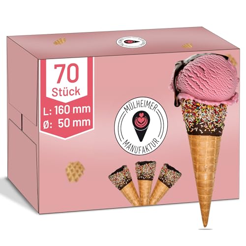 MyNaschbar Schokolierte Eiswaffel Italia 70 Stück – Süße Waffelhörnchen mit Fettglasur & bunten Streuseln, 160 mm lang, Ø 50 mm – Eistüten für 1-2 Kugeln Eiswaffeln Hörnchen in Eisdielen-Qualität von Mülheimer Manufaktur