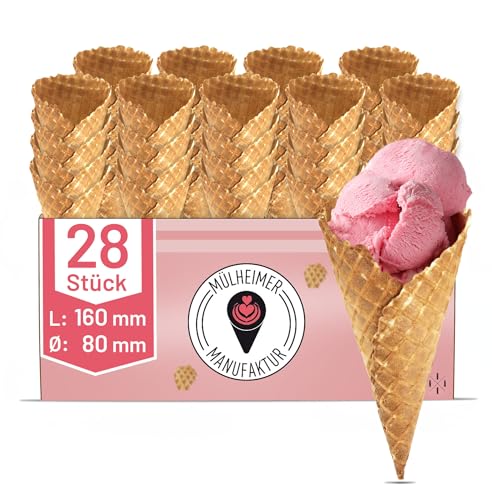 Mülheimer Manufaktur Eiswaffeln - Süße Eiswaffel Wundertüte - 2x14 Stück - Dänisch groß Karo ohne Rand - 160mm lang 80mm Durchmesser - Knusprige Eiswaffel für bis zu 4 Kugeln Eis von MHM