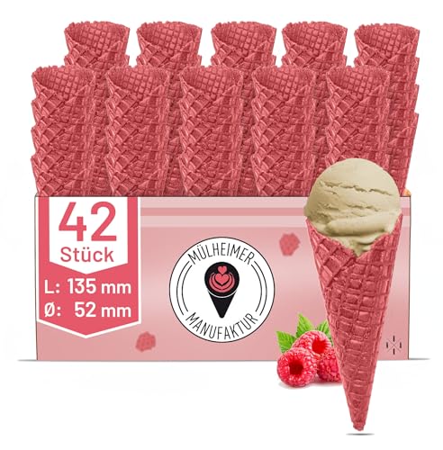 MyNaschbar Süße Rote Eiswaffel Himbeer Geschmack 42 Stück, 135 mm lang, Ø 52 mm, VEGAN – Essbare Eistüten perfekt für 1-2 Kugeln Eis oder Softeis – Eiswaffeln in Eisdielen-Qualität von Mülheimer Manufaktur