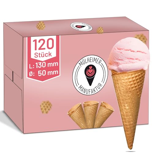 MyNaschbar Süße Eiswaffeln Hörnchen 120 Stück, 130 mm lang, Ø 50 mm, VEGAN - Essbare Eistüten perfekt für 1-2 Kugeln Eis oder Softeis – Eiswaffeln in Eisdielen-Qualität von Mülheimer Manufaktur