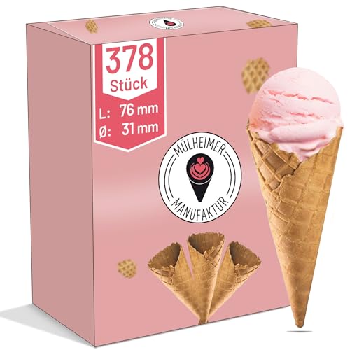 MyNaschbar Süße Eiswaffel Mini Cono 378 Stück, 76 mm lang, Ø 31 mm, VEGAN – Eiswaffel Hörnchen Dänisch ohne Rand, – Essbare Eiswaffeln Hörnchen für Eisbecher, Fingerfood, Deko & Co. von Mülheimer Manufaktur