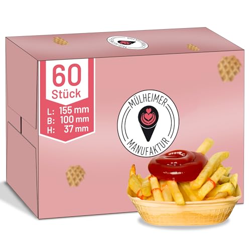 MyNaschbar Waffel Snack Schale VEGAN, 60 Stück, 155x100x37 mm – essbare Pommesschale – für Eis, Softeis, Fingerfood oder als Backform für Muffin & Cupcakes von Mülheimer Manufaktur