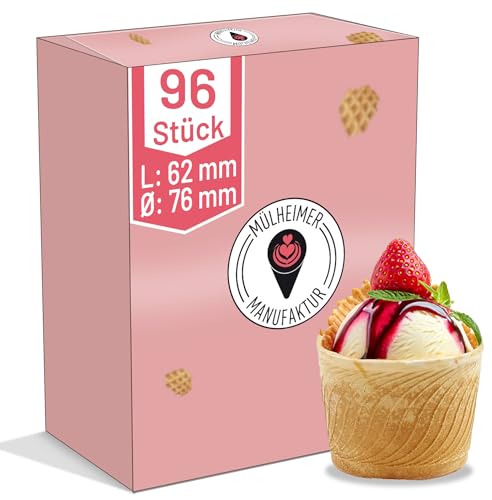 MyNaschbar Waffelbecher VEGAN rund, 96 Stück, 150 ml, 62 mm lang, Ø76 mm – Knusprige Softeisbecher zum Befüllen – für Eis, Softeis oder als Backform für Muffin & Cupcakes von Mülheimer Manufaktur