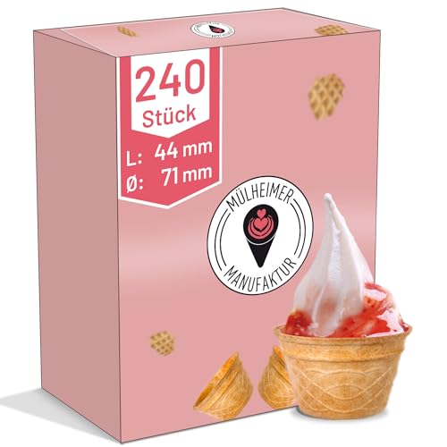 MyNaschbar Waffelbecher VEGAN rund, 240 Stück, 80 ml, 44 mm lang, Ø71 mm – Knusprige Softeisbecher zum Befüllen – für Eis, Softeis oder als Backform für Muffin & Cupcakes von Mülheimer Manufaktur
