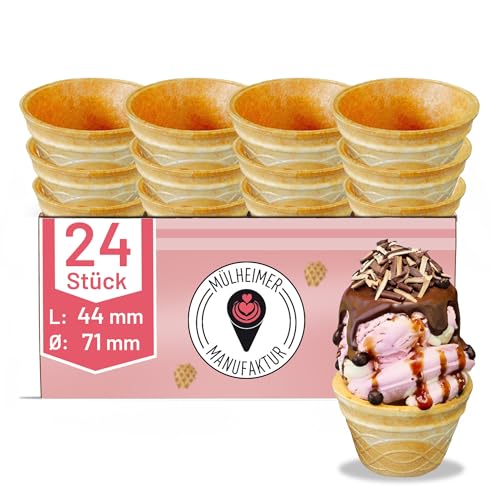 MyNaschbar Waffelbecher VEGAN rund, 24 Stück, 80 ml, 44 mm lang, Ø71 mm – Knusprige Softeisbecher zum Befüllen – für Eis, Softeis oder als Backform für Muffin & Cupcakes von Mülheimer Manufaktur