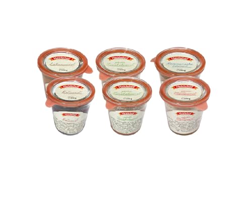 6x Heidehof Mix Paket mit:1 x Leberwurst, 2 x Zwiebelwurst, 1 x Mettwurst, 1 x Pom. Leberwurst + 1 x Rotwurst Glas von Müller’s Hausmacher Wurst