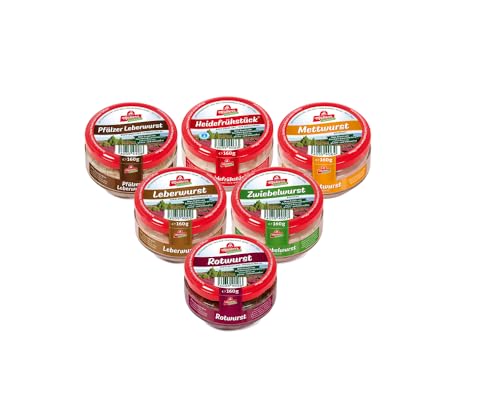6x Müller’s Klassiker Probierset: 1 x Heidefrühstück, 1 x Leberwurst, 1 x Mettwurst, 1 x Pfälzer Leberwurst, 1 x Rotwurst, 1 x Zwiebelwurst 6x Müller’s Klassiker Probierset: 1 x Heidefrühstück, 1 x Leberwurst, 1 x Mettwurst, 1 x Pfälzer Leberwurst, 1 x Rotwurst, 1 x Zwiebelwurst von Müller’s Hausmacher Wurst