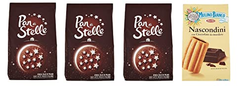 3x Mulino Bianco Kekse Pan di stelle 350g Italien biscuits cookies kuchen brioche + Mulino Bianco kekse Nascondini mit Schokolade 350g biscuits schoko kuchen von Mulino Bianco