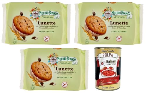 3x Mulino Bianco Lunette Tortina Senza Glutine,Glutenfreier Kuchen mit Vollkornreismehl und Schokoladentropfen,140g Packung,jede Packung enthält 4 Kuchen + Italian Gourmet Polpa di Pomodoro 400g Dose von Mulino Bianco