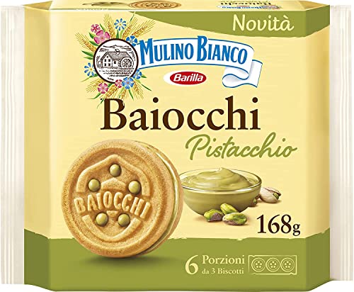 6x Mulino Bianco Baiocchi Pistazienkekse, Pistaziengebäck, ideal für Frühstück oder Snack, Palmölfrei, 6 Portionen á 3 Kekse von Mulino Bianco