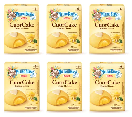 6x Barilla Mulino Bianco Cuor Cake Snack gefüllt mit Zitronencreme ( 6 x 35g ) 210g Mini Kuchen mit italienischen Zitronen ohne Palmöl Biskuitkuchen von Mulino Bianco