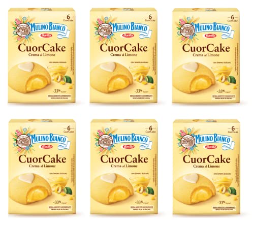 6x Barilla Mulino Bianco Cuor Cake Snack gefüllt mit Zitronencreme ( 6 x 35g ) 210g Mini Kuchen mit italienischen Zitronen ohne Palmöl Biskuitkuchen von Mulino Bianco