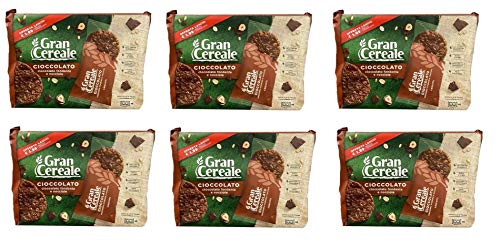 6x Barilla Mulino Bianco Gran Cereale Cioccolato Kekse mit dunkler Schokolade und Haselnüssen 216g Biscuits ( 6 x 4 Kekse ) ohne Palmöl 100% Vollkornmehl von Mulino Bianco