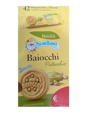 Mulino Bianco Baiocchi Pistacchio Kekse Gefüllt mit Köstlicher Pistaziencreme Ideal für Frühstück oder Snack Display mit 42 Einzelportionen à 3 Kekse + Italian Gourmet Polpa di Pomodoro 400g Dose von Mulino Bianco