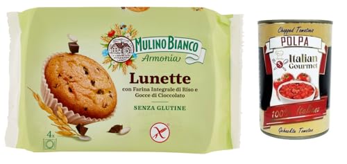 Mulino Bianco Lunette Tortina Senza Glutine,Glutenfreier Kuchen mit Vollkornreismehl und Schokoladentropfen,140g Packung,jede Packung enthält 4 Kuchen + Italian Gourmet Polpa di Pomodoro 400g Dose von Mulino Bianco