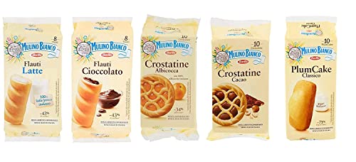 TESTPAKET Mulino Bianco abgepackte Snacks Crostatina Kakao und Aprikose - Flauti Schokolade und Milch- Plum Cake mit Joghurt 5 Stücke von Mulino Bianco