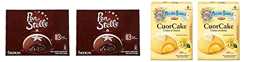 Testpaket Barilla Mulino Bianco Cuor Cake Snack gefüllt mit Zitronencreme - Pan di Stelle Mooncake Snack gefüllt mit Schokocreme ( 24 x 35g ) von Mulino Bianco