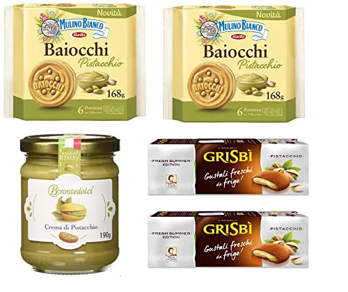 Testpaket Mulino Bianco Baiocchi kekse mit Pistazien 168g + Brontedolci Pistaziencreme 190g + 2x Matilde Vicenzi Grisbi Pistacchio kekse mit pistaziencreme füllung biscuits cookies 150g von Mulino Bianco