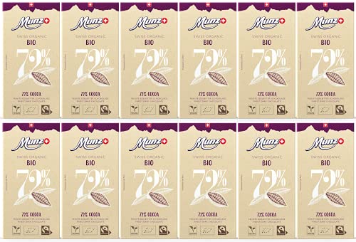 MUNZ Bio Schokolade 72% Cocoa | 100% Schweizer Fairtrade Schokolade | 12 Tafeln á 100g Zartbitterschokolade | Swiss Premium Organic Dark Chocolate | Edelbitterschokolade von Munz