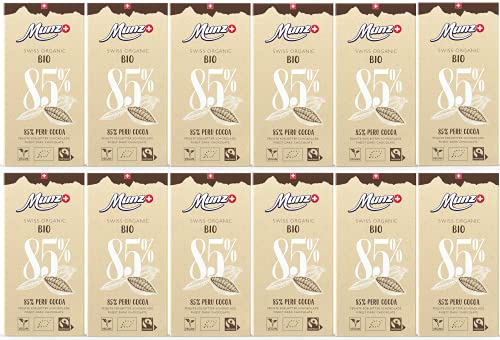 MUNZ Bio Schokolade 85% Peru Cocoa | 100% Schweizer Fairtrade Schokolade | 12 Tafeln á 100g Zartbitterschokolade | Swiss Premium Organic Dark Chocolate | Edelbitterschokolade von Munz