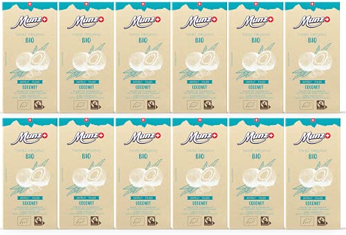 MUNZ Bio Schokolade Coconut | 100% Schweizer Fairtrade Schokolade | 12 Tafeln á 100g | Swiss Premium Organic Chocolate Kokosnuss | Großpackung 1,2 kg Schokoladentafeln aus der Schweiz von Munz