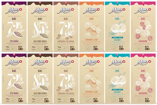 MUNZ Bio Schokolade 12er Mix | 6 Sorten Schweizer Fairtrade Schokoladen | 12 Tafeln á 100g | Swiss Premium Organic Chocolate Set | Großpackung 1,2 kg Schokoladentafeln aus der Schweiz MUNZ Bio Schokolade 12er Mix | 6 Sorten Schweizer Fairtrade Schokoladen | 12 Tafeln á 100g | Swiss Premium Organic Chocolate Set | Großpackung 1,2 kg Schokoladentafeln aus der Schweiz von Munz