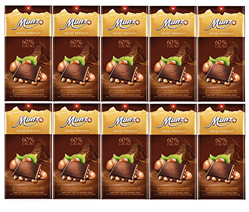 Munz Schokolade Edelbitter 60% Kakao mit Haselnüssen | Zartbitterschokolade | 10 Tafeln á 100g | Edle Schokolade | Swiss Premium Chocolate Bittersweet | Großpackung 1 kg Schokoladentafeln von Munz