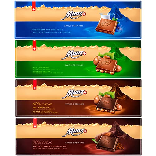 Munz Schokoladen Mix | 4 verschiedene Sorten á 300g | Edle Schokolade | Swiss Premium Chocolate | Großpackung im 1,2 kg Schokoladentafeln aus der Schweiz | Milchschokolade und Zartbitterschokolade Munz Schokoladen Mix | 4 verschiedene Sorten á 300g | Edle Schokolade | Swiss Premium Chocolate | Großpackung im 1,2 kg Schokoladentafeln aus der Schweiz | Milchschokolade und Zartbitterschokolade von Munz
