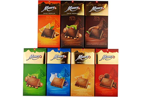 Munz Schokoladen Mix | 7 verschiedene Sorten á 100g | Edle Schokoladentafeln aus der Schweiz | Milchschokolade und Zartbitterschokolade | Swiss Premium Chocolate | Großpackung im 700g Set von Munz