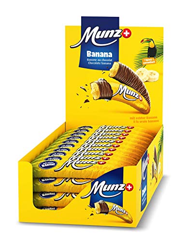 Schweizer Schokolade | MUNZ Schokobananen mit echtem Bananenmark | 40 Stück á 19g im Thekendisplay | 760g Großpackung | Maestrani Schokolade | Ohne Palmfett von Munz